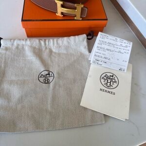 Hermes Tan Leather Belt with Gold H Buckle Sz 80